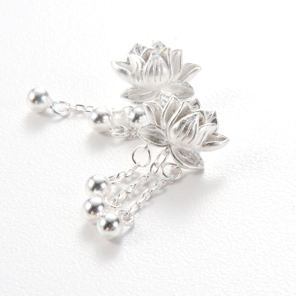 Sterling Silver Lotus Flower & Bead Tassel Earrings