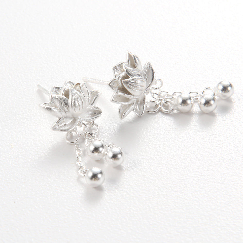 Sterling Silver Lotus Flower & Bead Tassel Earrings