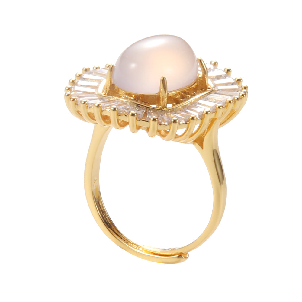 Aveera Designer Gold Tone Moonstone-Effect Adjustable Ring - Retro Glam Statement Jewelry