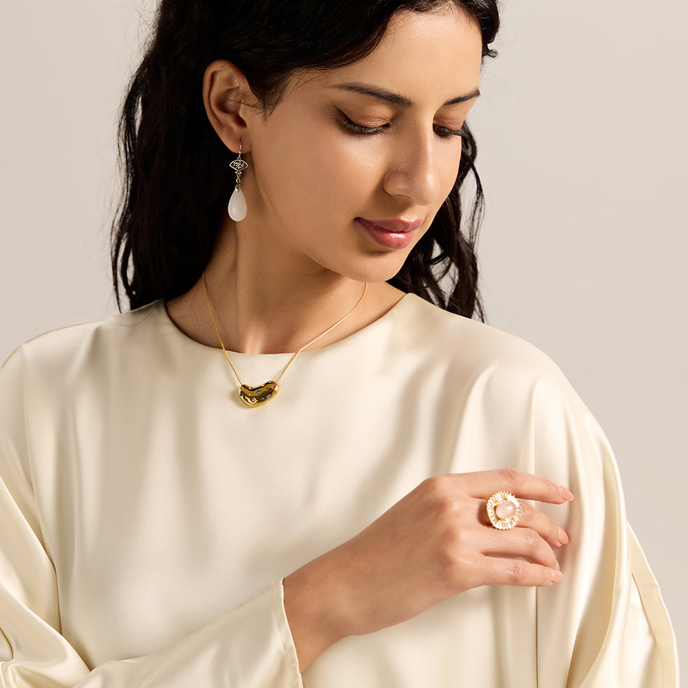 Aveera Designer Gold Moonstone Effect Adjustable Ring - Model Display
