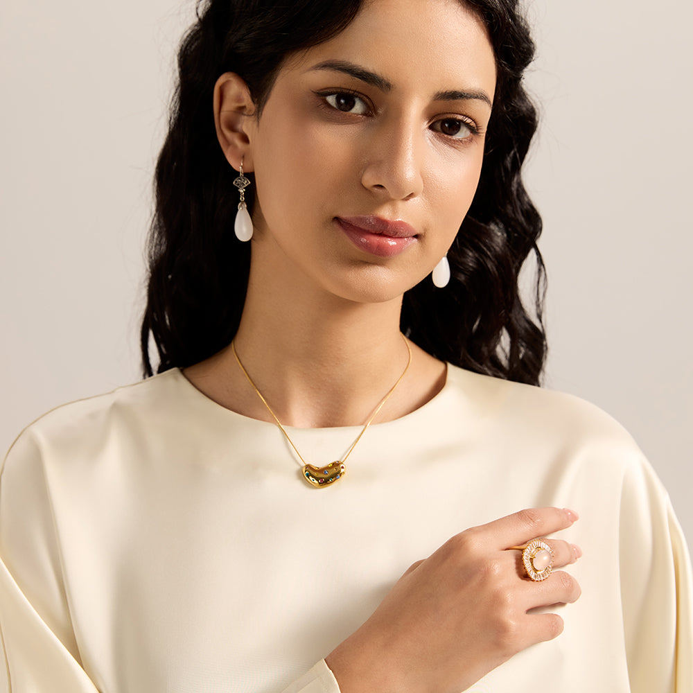 Aveera Designer Gold Moonstone Effect Adjustable Ring - Model Showing Positive,