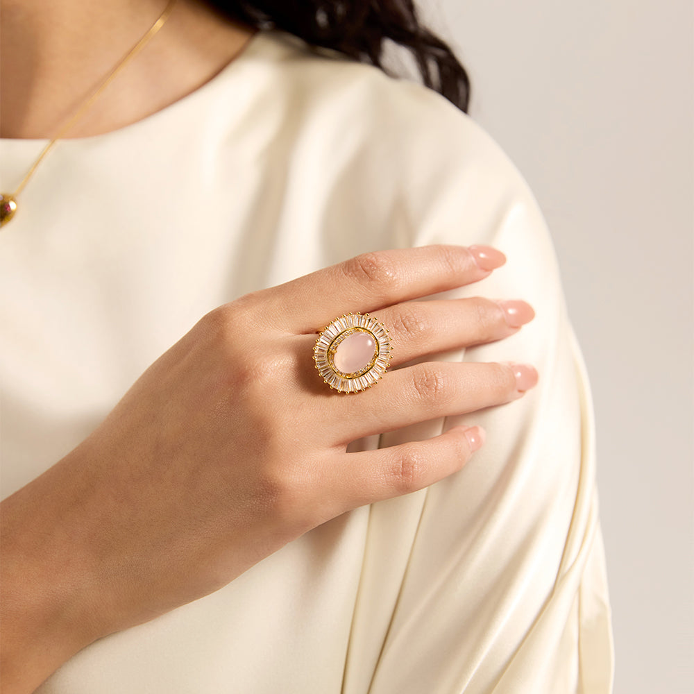 Aveera Designer Gold Tone Moonstone-Effect Adjustable Ring - Retro Glam Statement Jewelry