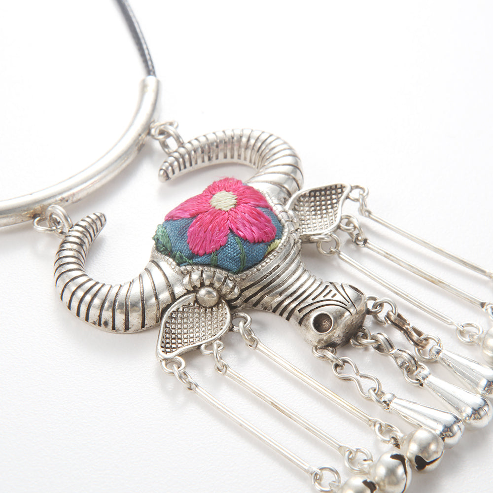 Silver Embroidered Bull Head Necklace