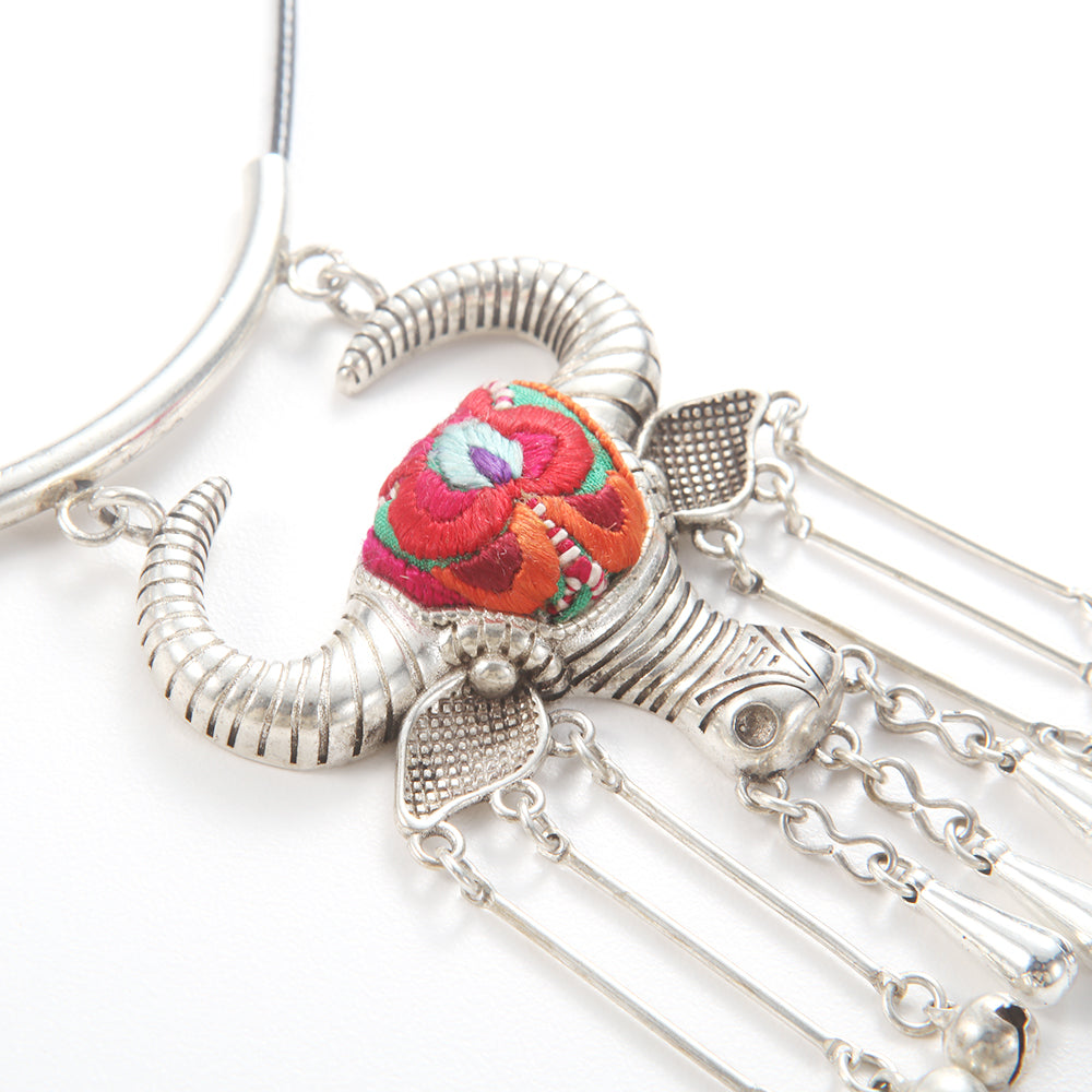 Silver Embroidered Bull Head Necklace