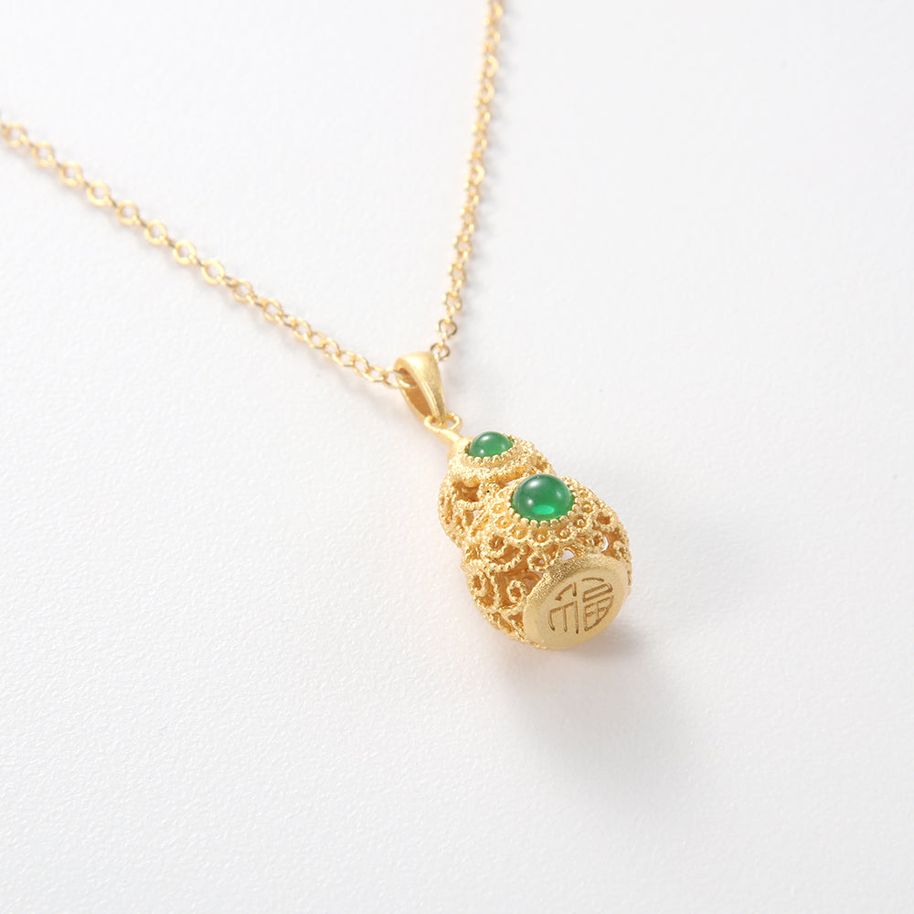Gold Plated Gourd & Green Gemstone Necklace