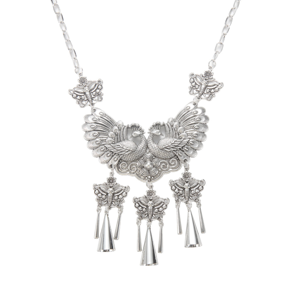 Artisan Silver Peacock & Butterfly Necklace