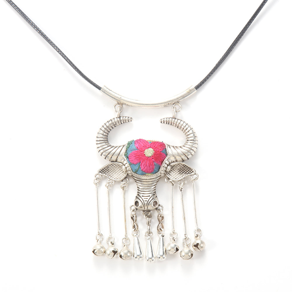 Silver Embroidered Bull Head Necklace