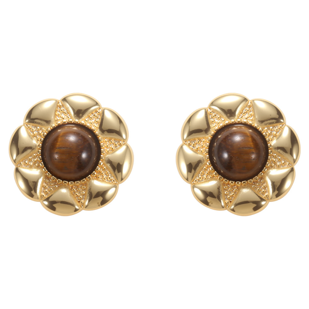 Aveera unique designer gold plated flower-shaped stud earrings with natural tiger eye stone.