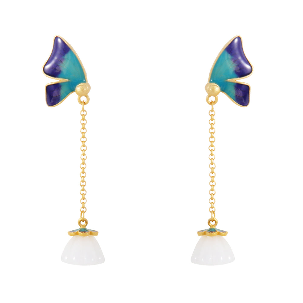 Aveera unique designer gold plated blue enamel butterfly wing drop earrings with white jade simulant pendant.