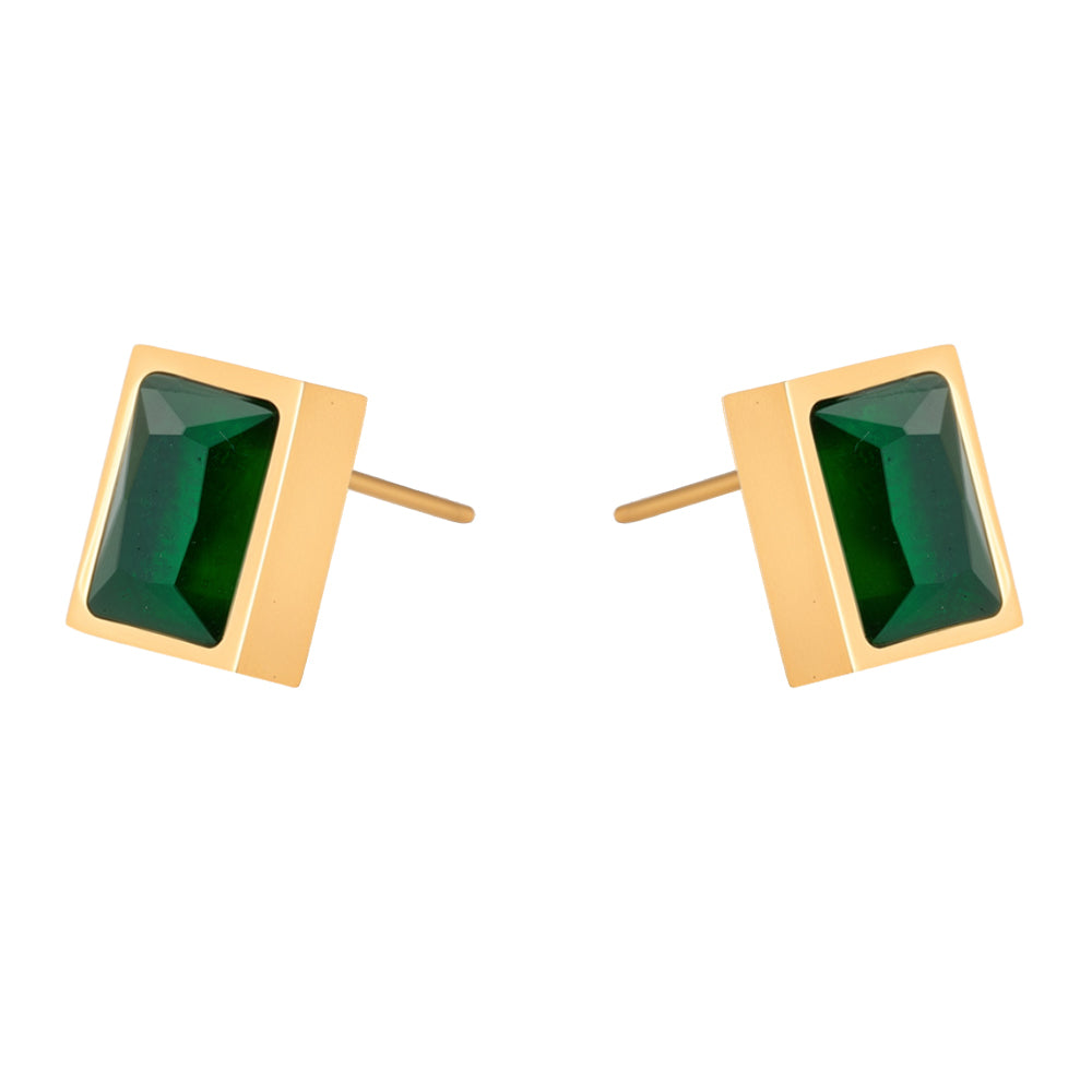 Aveera unique designer gold plated square emerald green gemstone stud earrings.