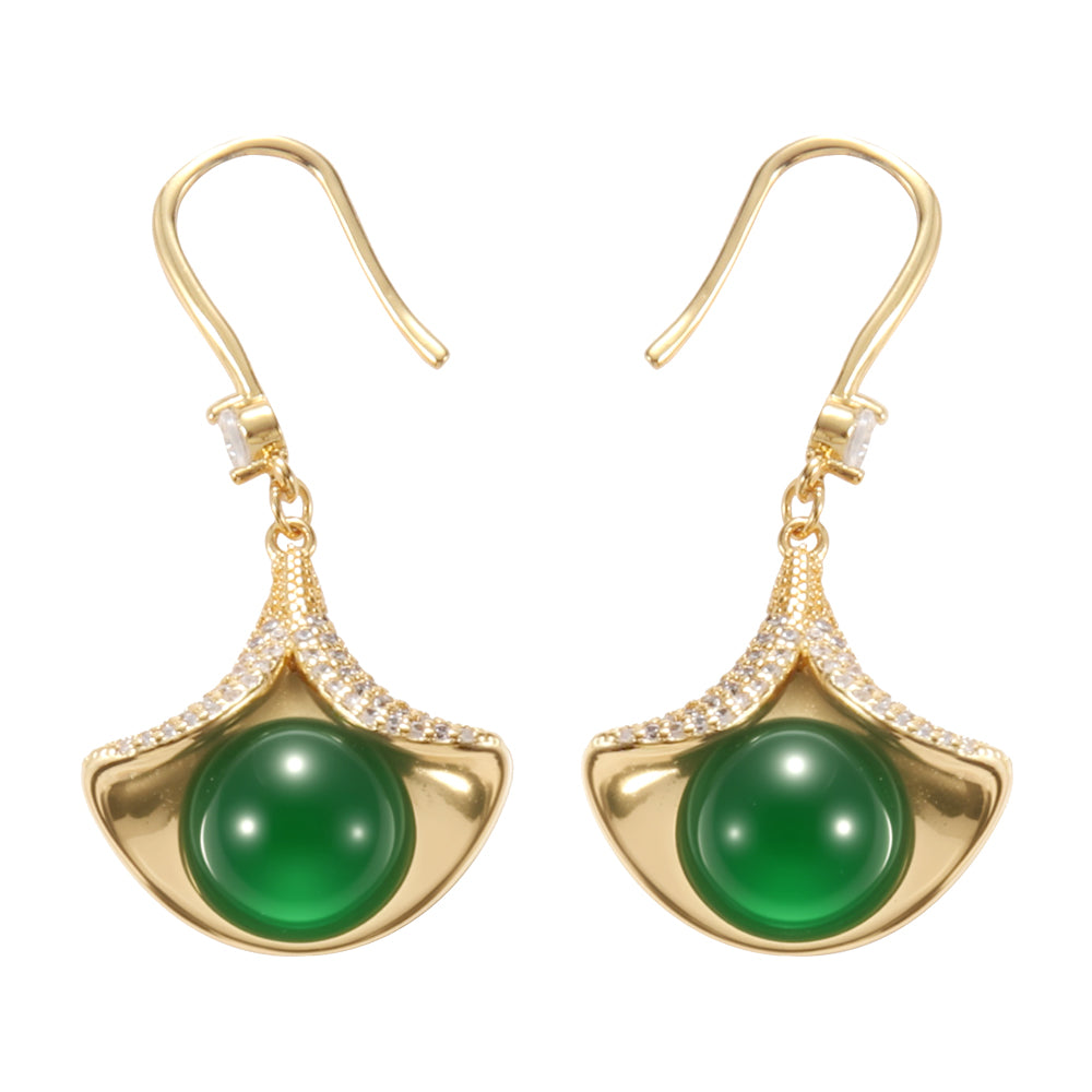 Aveera unique designer gold plated ginkgo leaf green gem drop earrings with sparkling cubic zirconia.