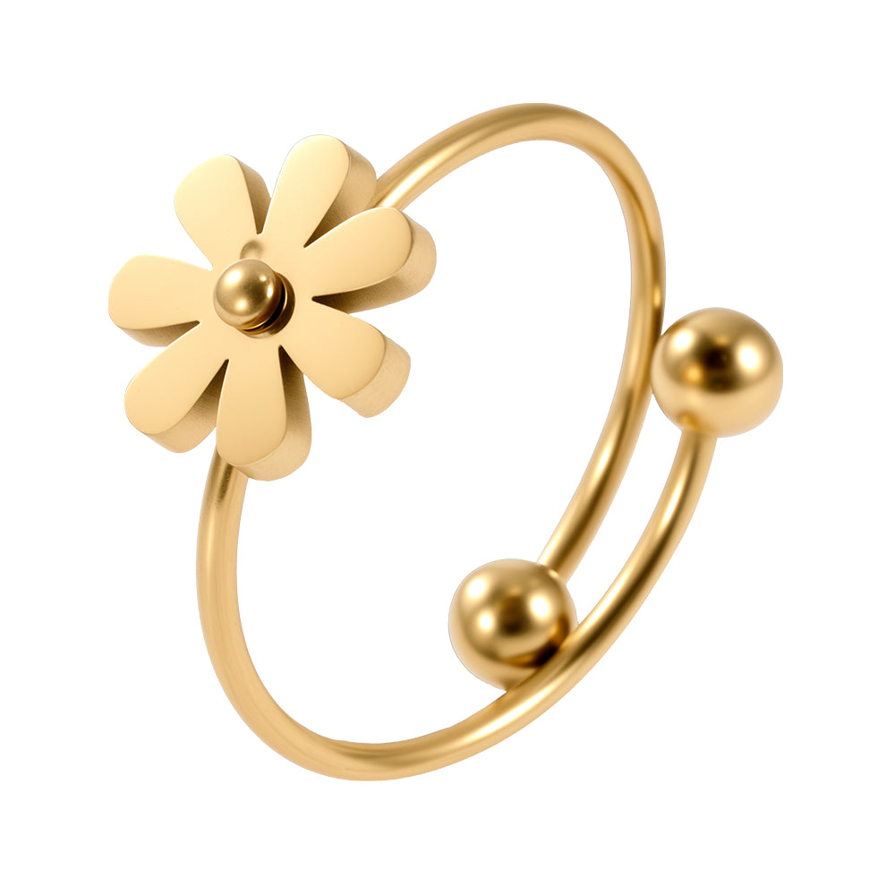 Aveera unique designer gold tone adjustable open ring with a delicate small flower motif, minimalist style.