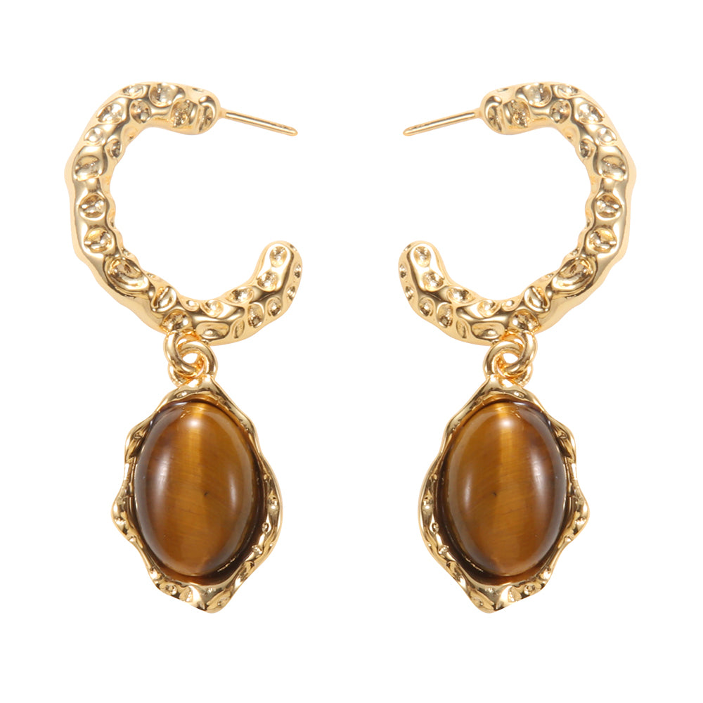 Aveera unique designer gold plated hammered half hoop earrings with natural tiger eye stone.