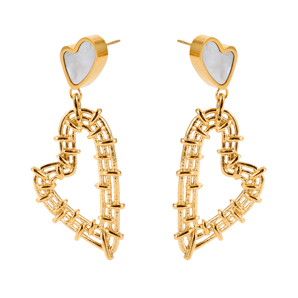 Aveera unique designer gold plated hollow heart dangle earrings with white mother of pearl studs.