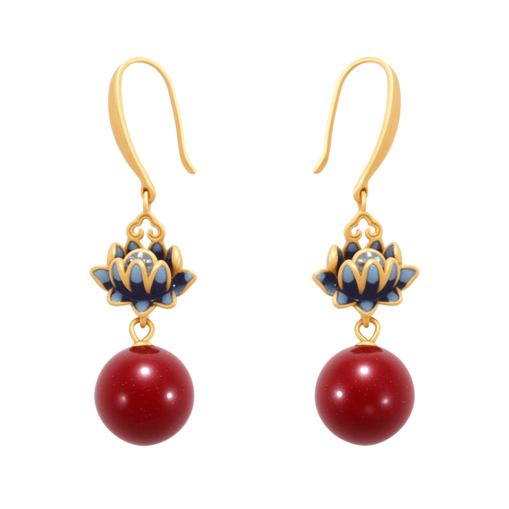 Aveera designer gold plated lotus flower and red jasper drop earrings, unique everyday fashion jewelry.