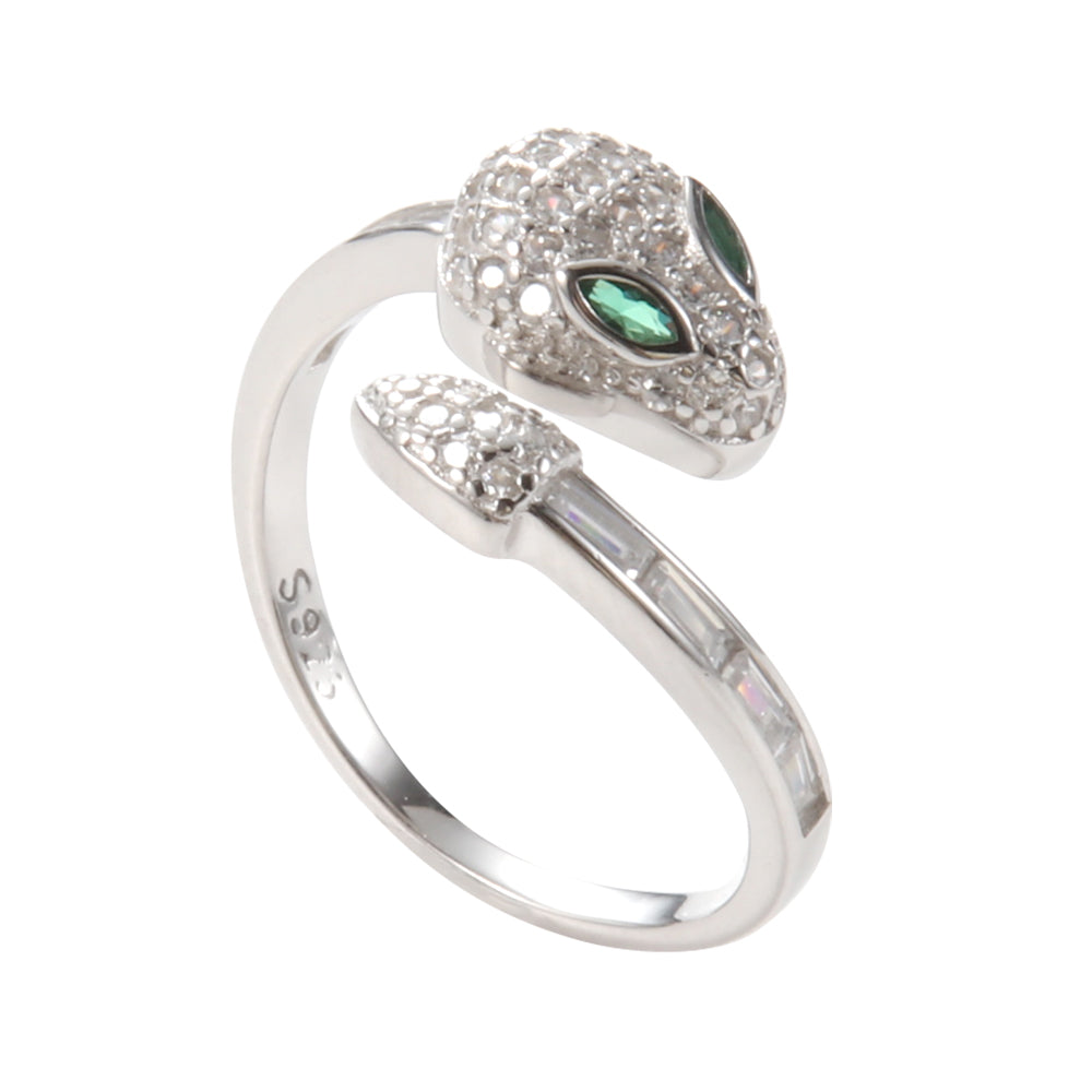 Aveera unique designer silver plated serpent wrap ring with pave cubic zirconia and green gem eyes.