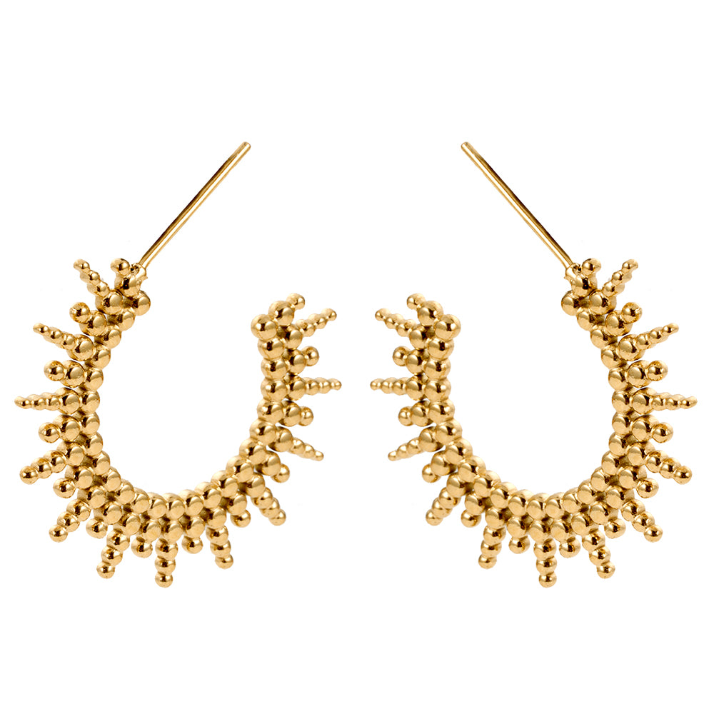 Aveera unique designer gold plated sunburst textured half hoop earrings, modern style.