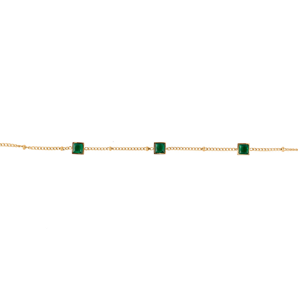 Aveera designer gold tone dainty bracelet with square green gemstones, elegant and adjustable main view.