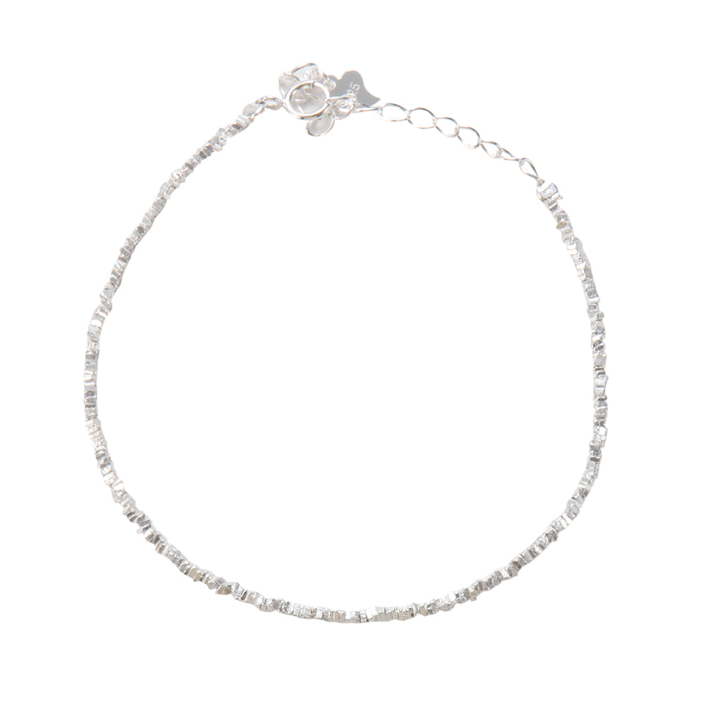 Aveera designer silver tone shimmering bead chain bracelet, minimalist and elegant main view.