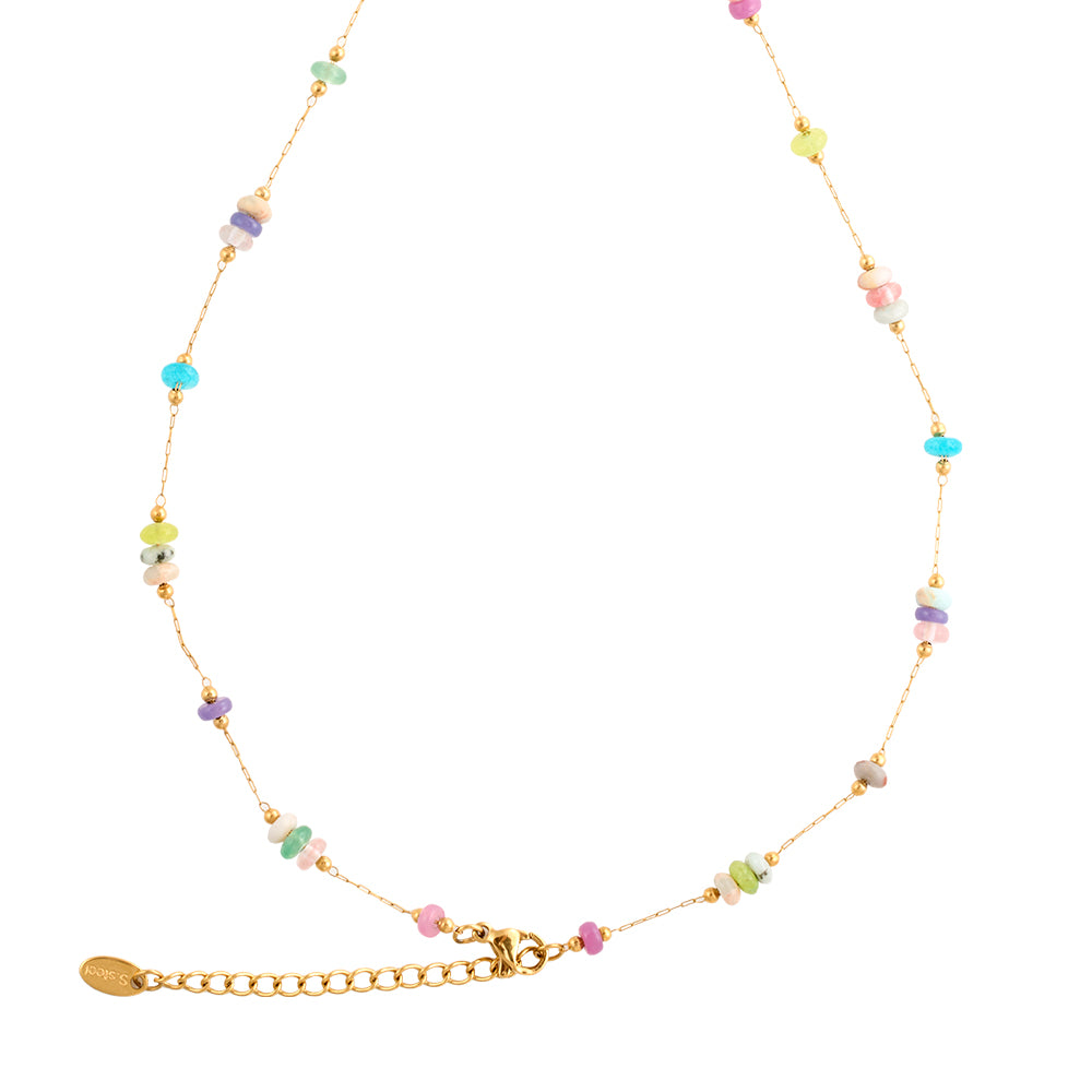 Dainty gold chain necklace with colorful pastel stone beads, elegant everyday jewelry.
