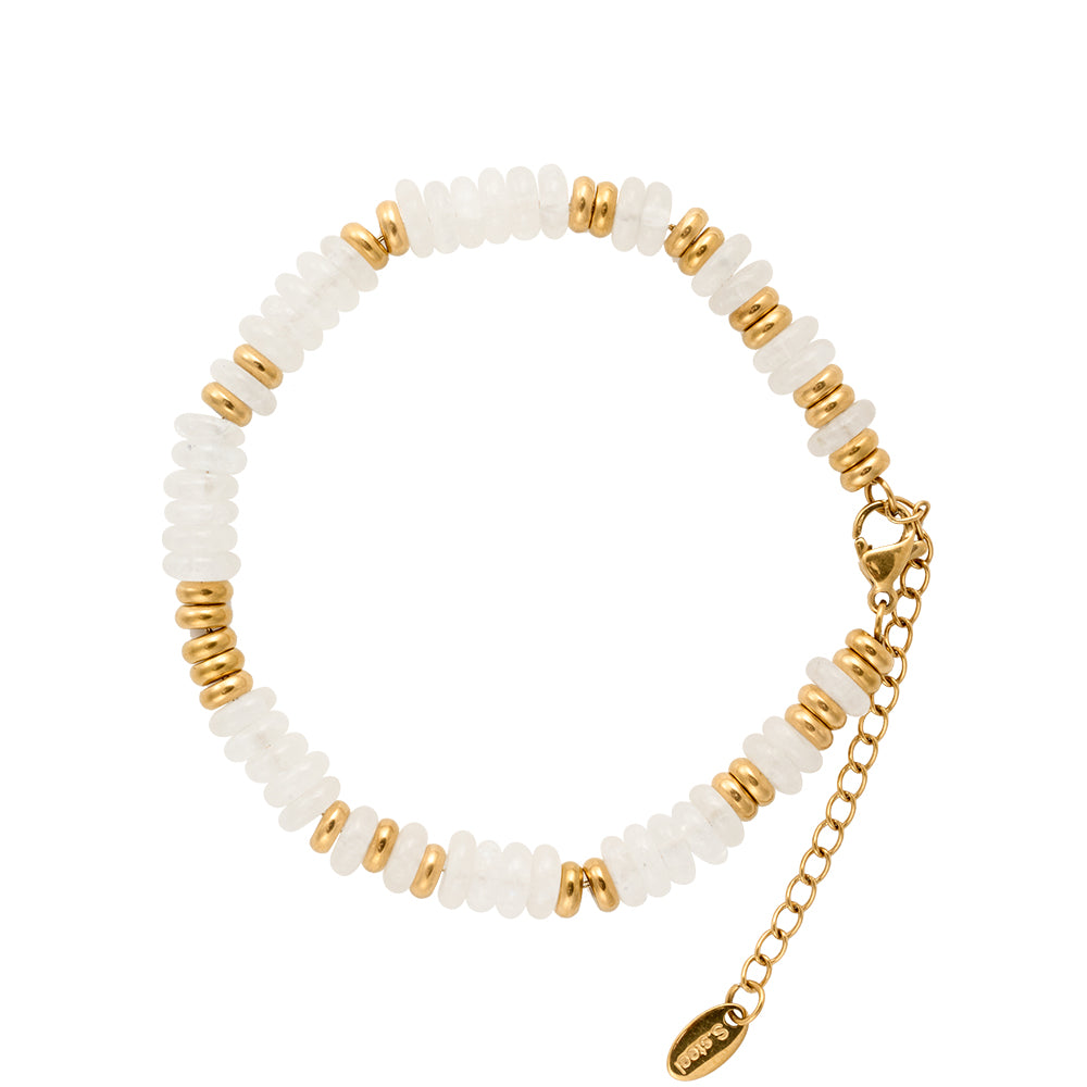 Dainty white stone and gold bead adjustable bracelet, elegant everyday jewelry.