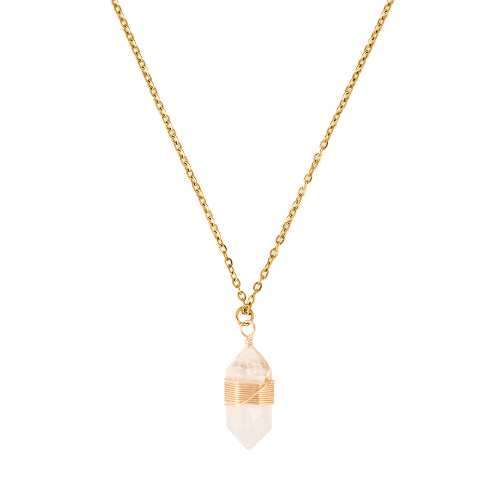 Gold tone necklace with a clear quartz crystal point pendant, symbolizing healing, clarity, and energy amplification, flat lay.