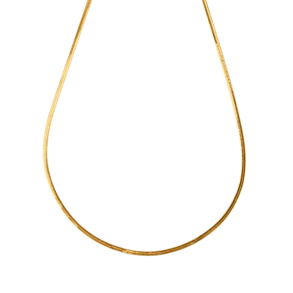 Chic gold tone herringbone snake chain necklace on white background, a flat and flexible design.
