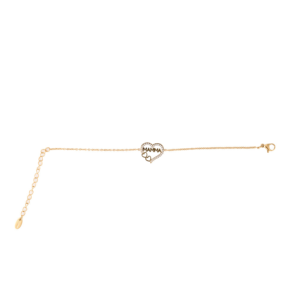 Dainty gold tone chain bracelet with "MAMMA" heart charm in sparkling CZ.