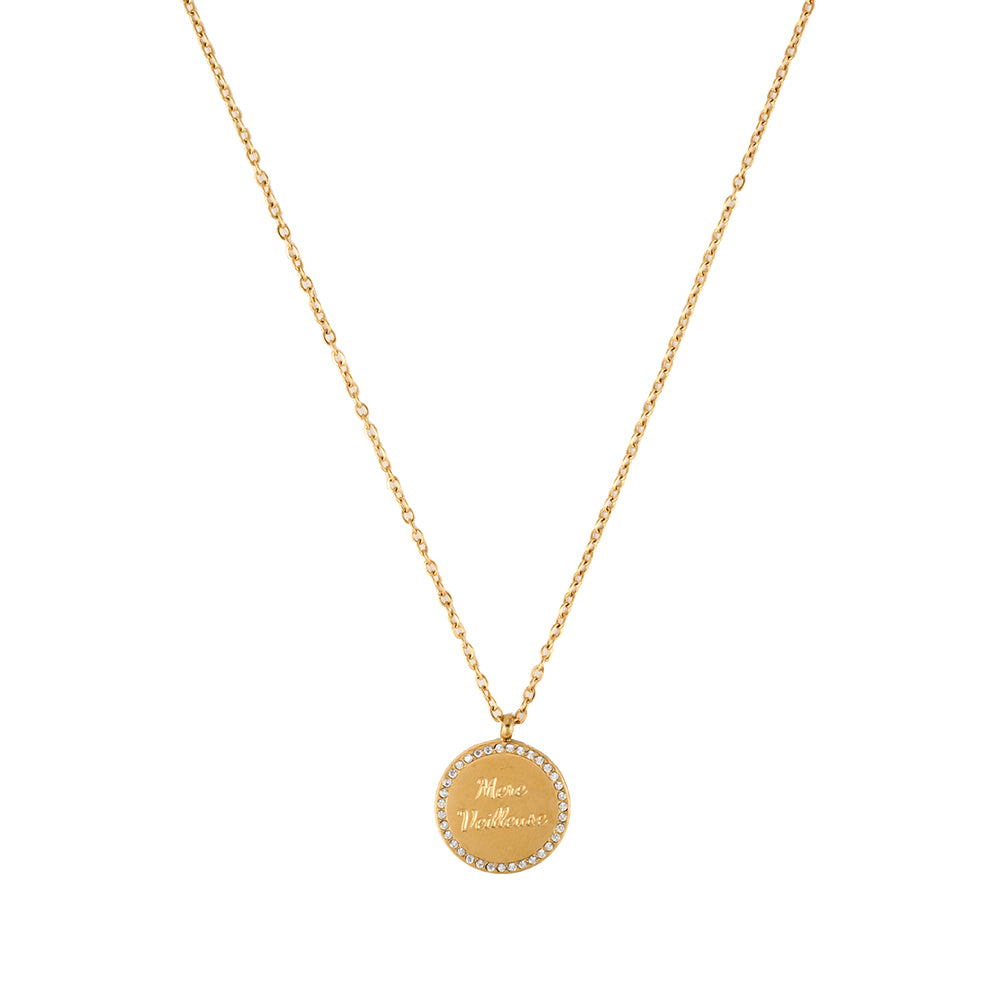 Elegant gold tone necklace with round "MERE MEILLEURE" coin pendant and sparkling CZ halo.
