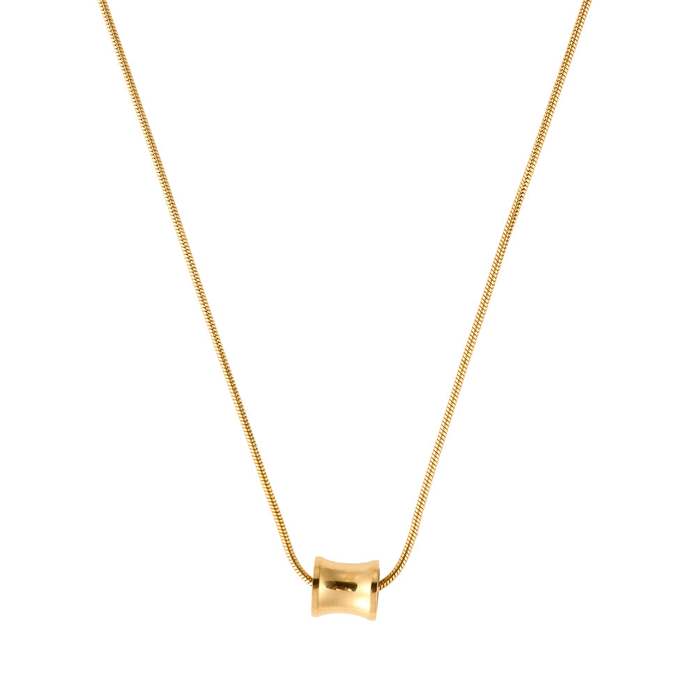 Elegant gold tone minimalist tube pendant necklace, symbolizing clear intention and channeled energy, flat lay.