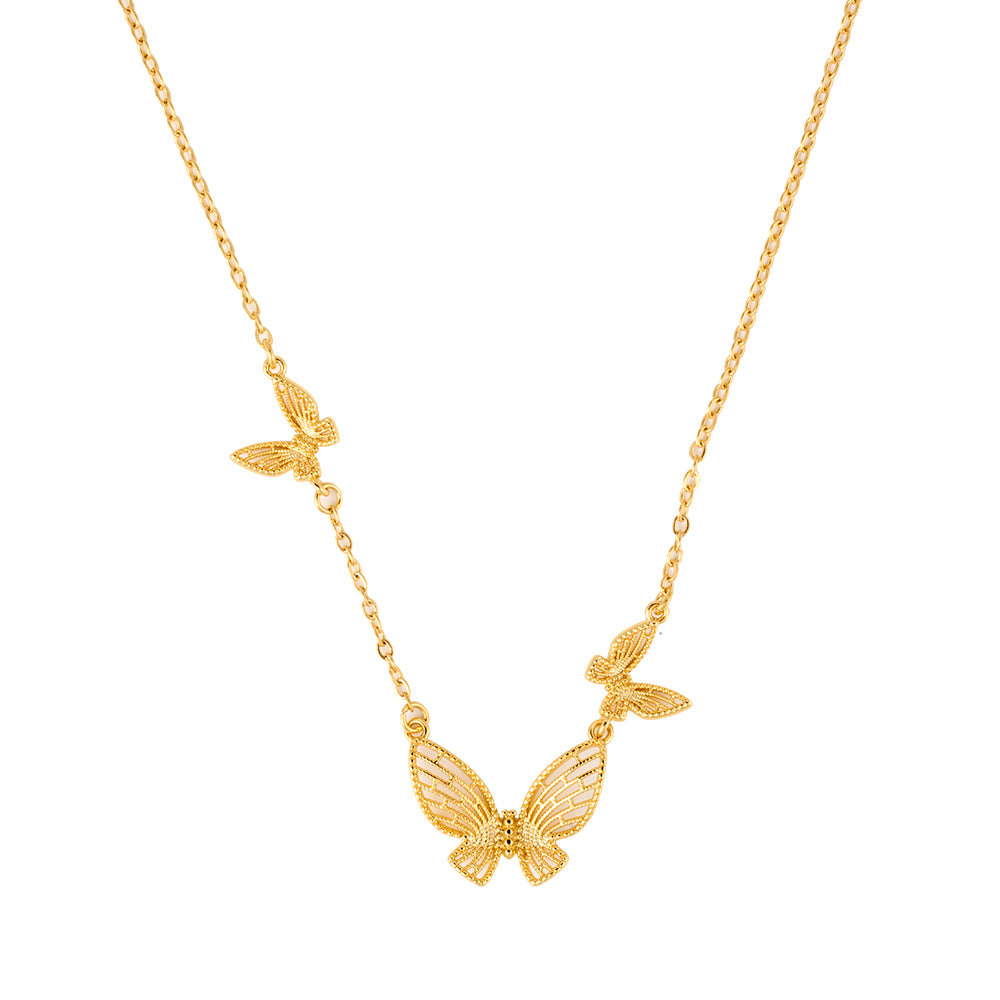 Elegant gold tone necklace with three textured butterfly charms (one large, two small), flat lay on a white background.