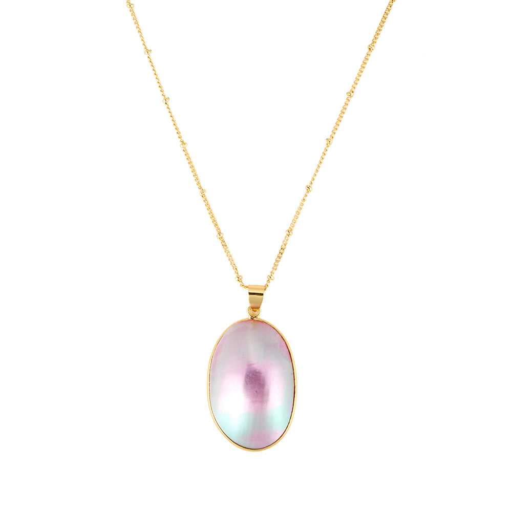 Elegant gold tone satellite chain necklace with luminous iridescent oval pearlized pendant.