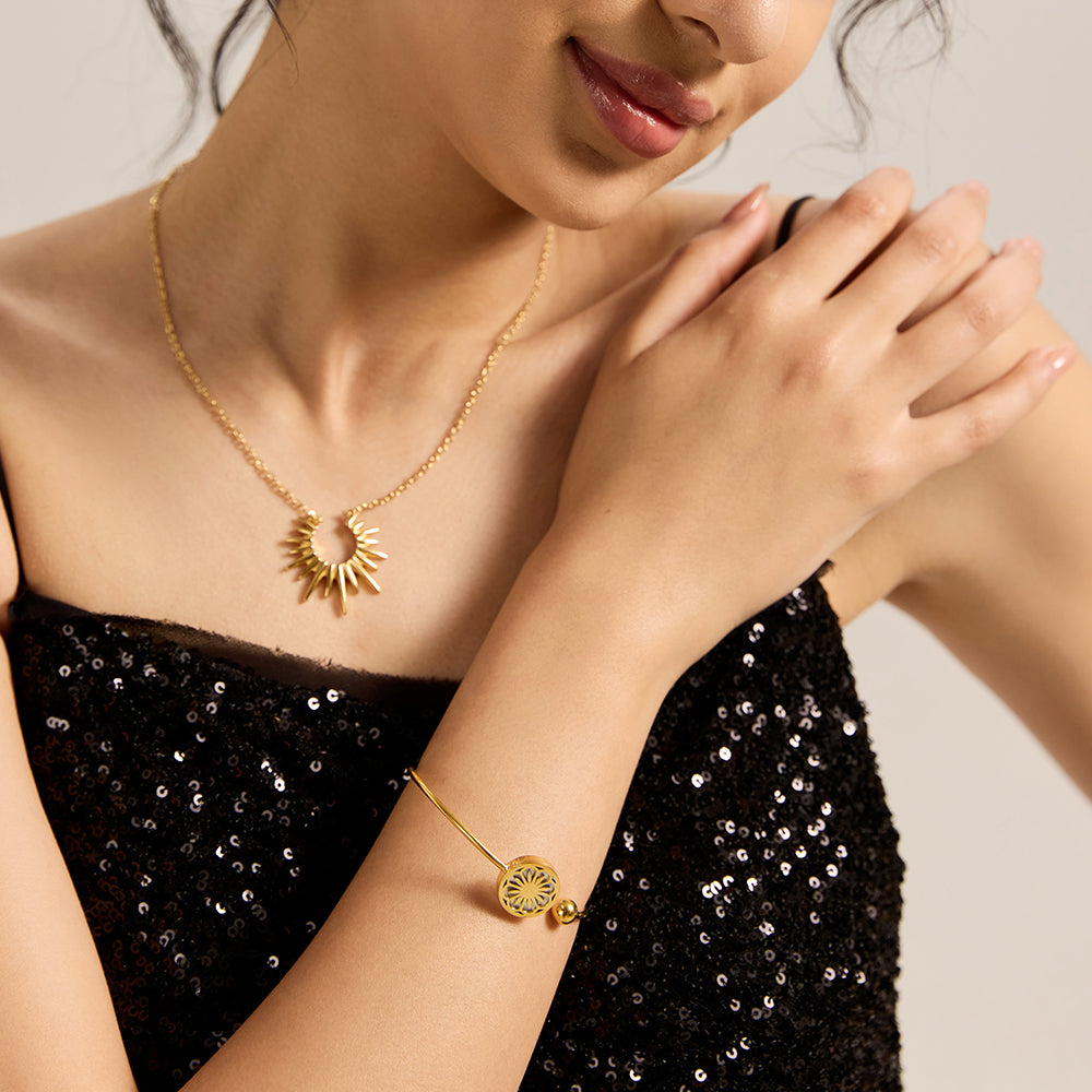 Chic Gold Tone Open Cuff Bangle | Floral Motif & Modern Design