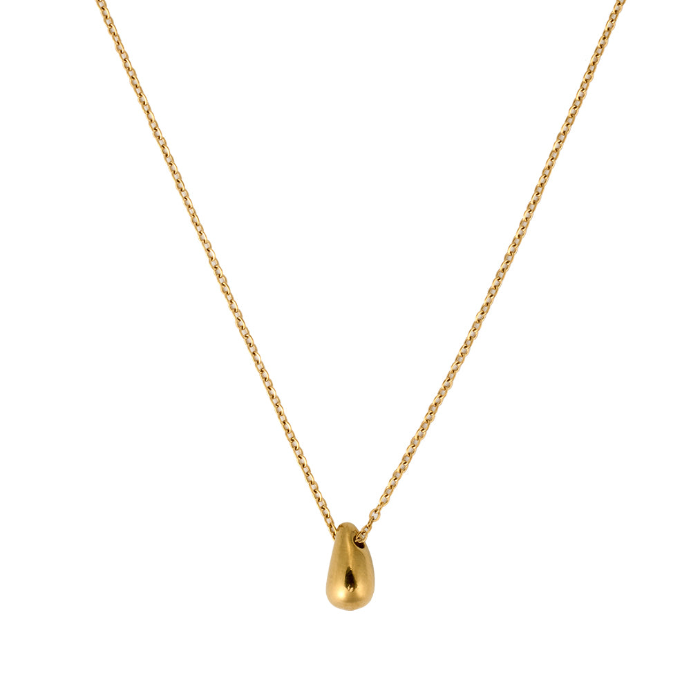 Minimalist gold tone necklace with a smooth, polished tear-drop shaped pendant.