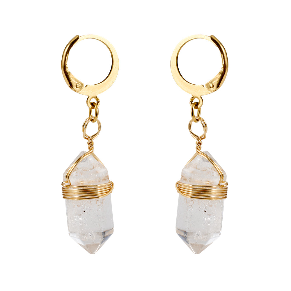 Pair of gold thin hoop earrings with naturally wrapped clear crystal point dangles, symbolizing energy and healing.