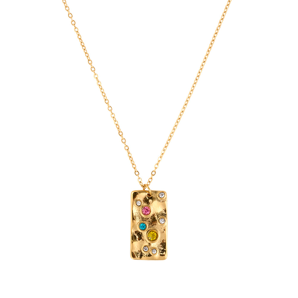 Manifestation gold tone textured rectangle necklace with chakra crystals, an energy and protection amulet.